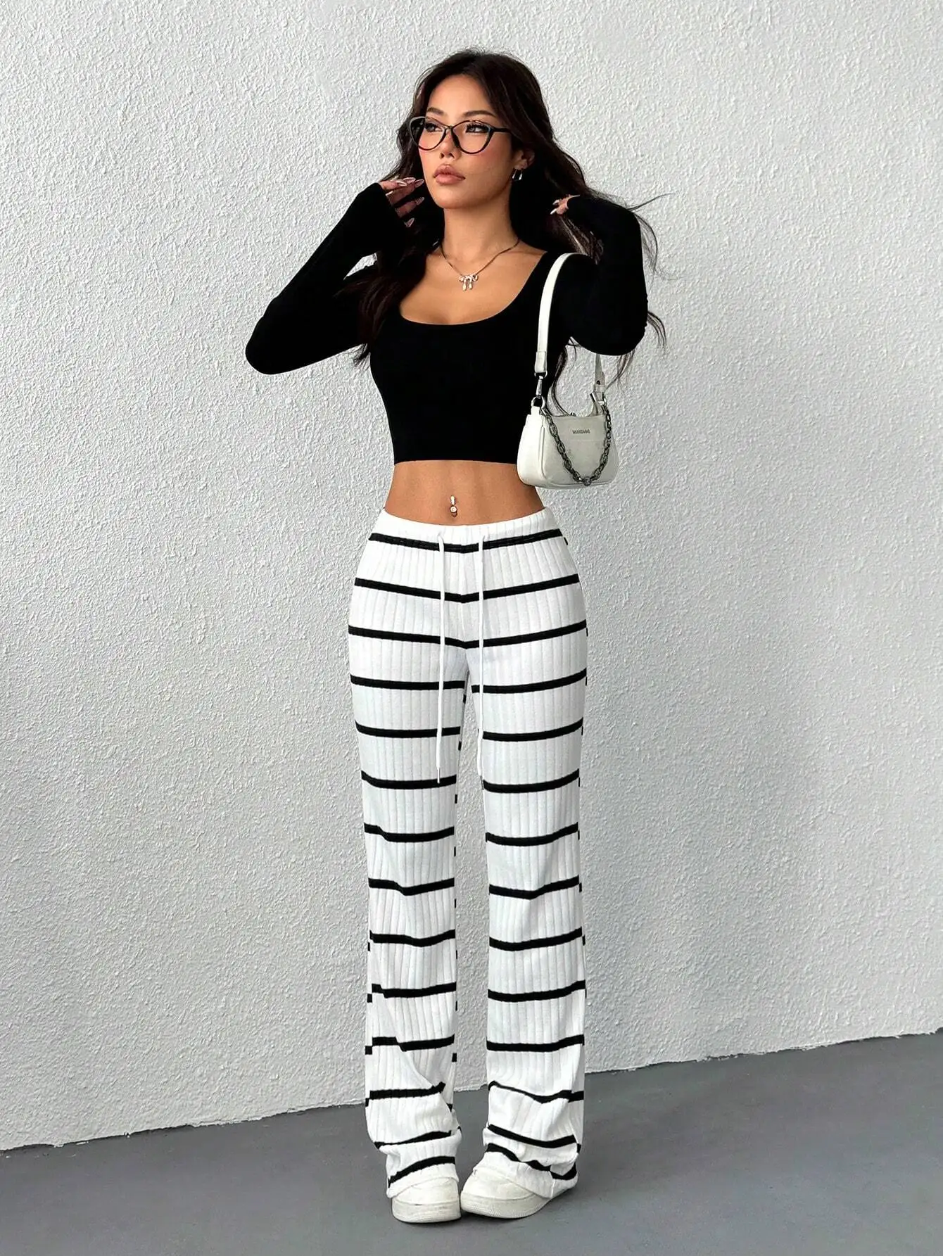 

Women's Casual Ribbed Drawstring Waist Wide Leg Pants