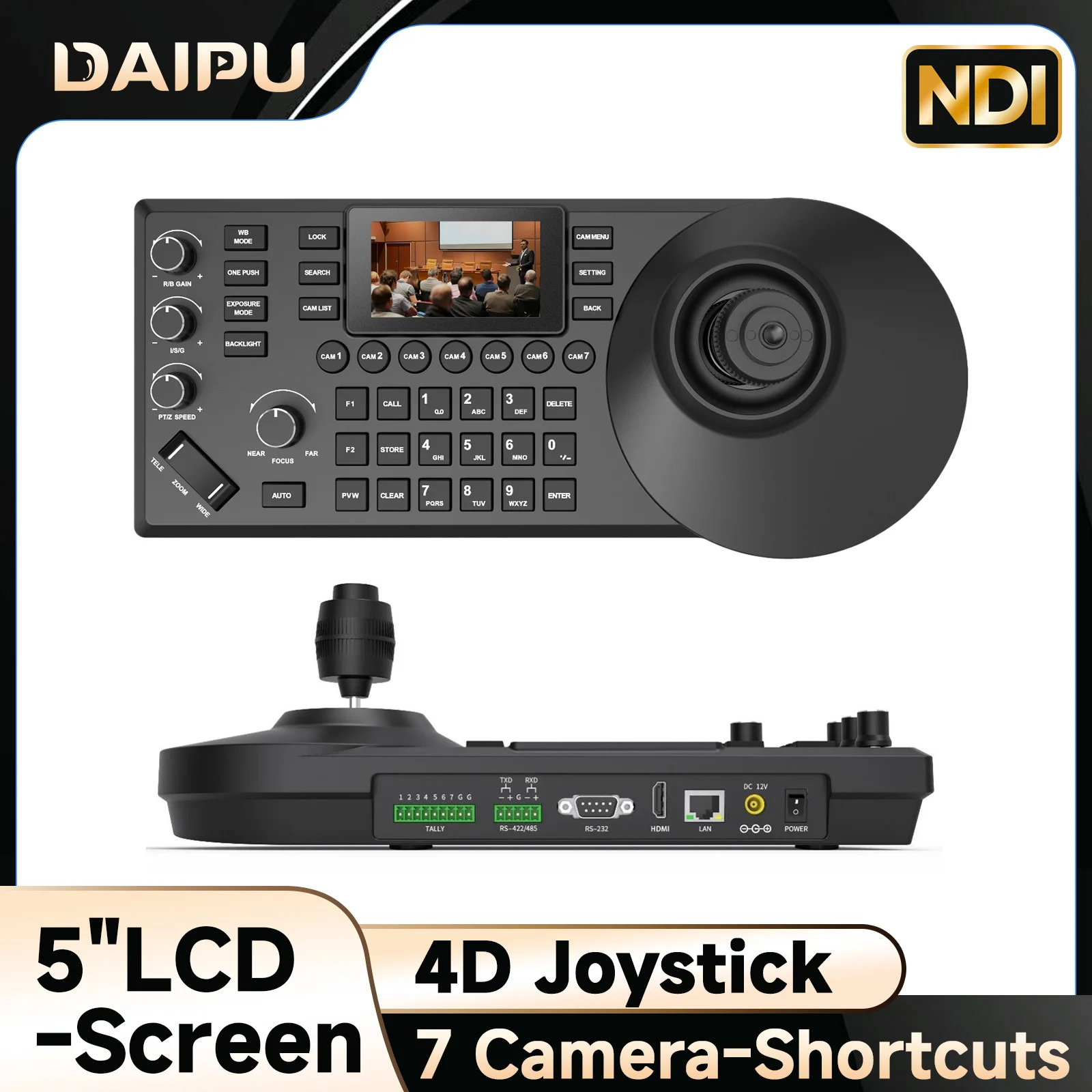 DAIPU NDI PTZ Camera Controller 3/5'' LCD-Screen 4D Joystick Control Keyboard for Church Live Streaming Video Conference Education
