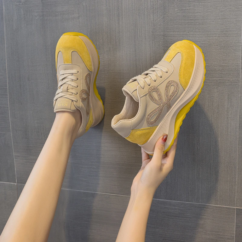 Womens Colorblock Retro Sneakers With Rhinestone Bow Detail Soft Cushioned Sole Casual Walking Shoes For Daily Wear Comfortable