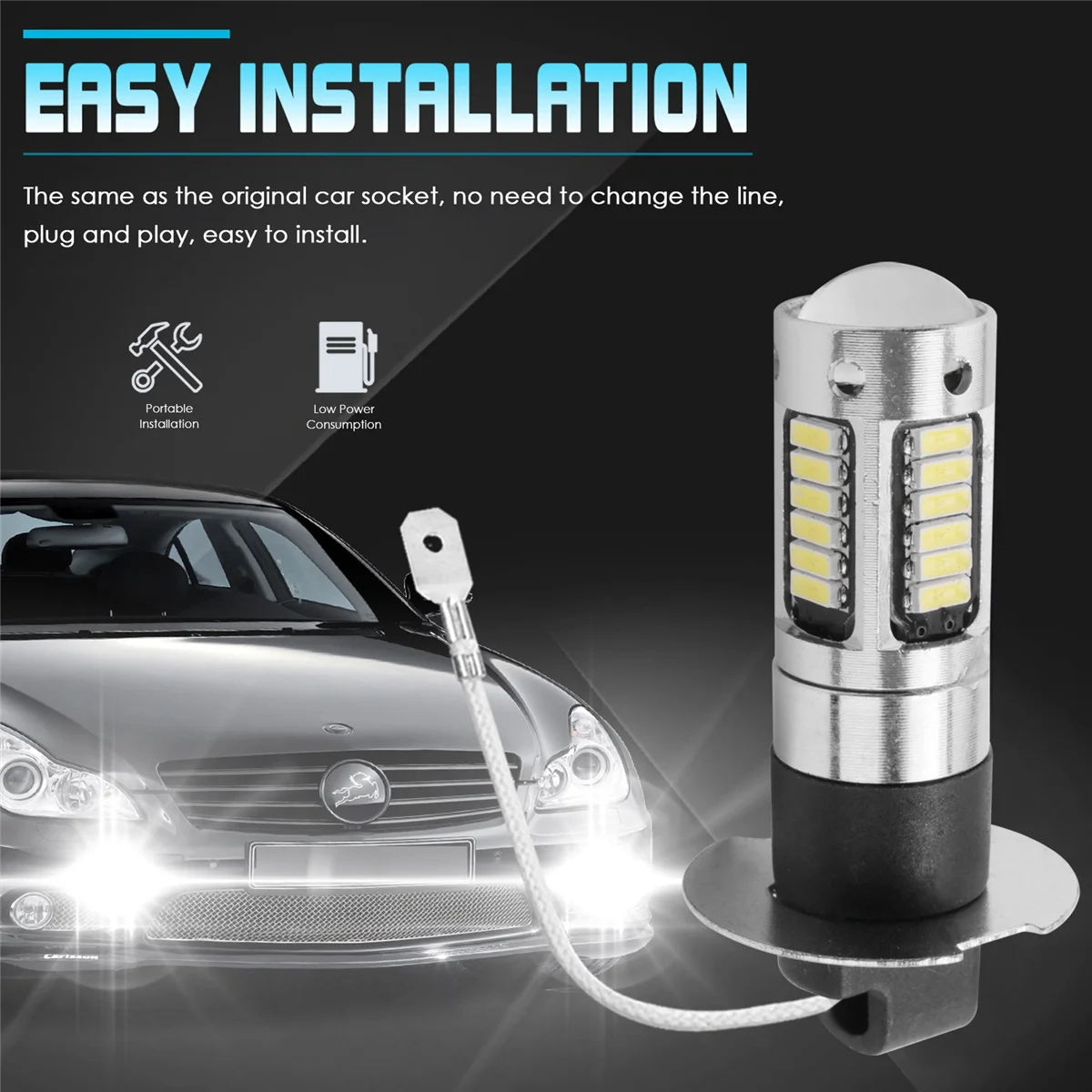H3 Kit lampu kabut LED Super terang, Kit bola lampu DRL 6000K putih 2 buah