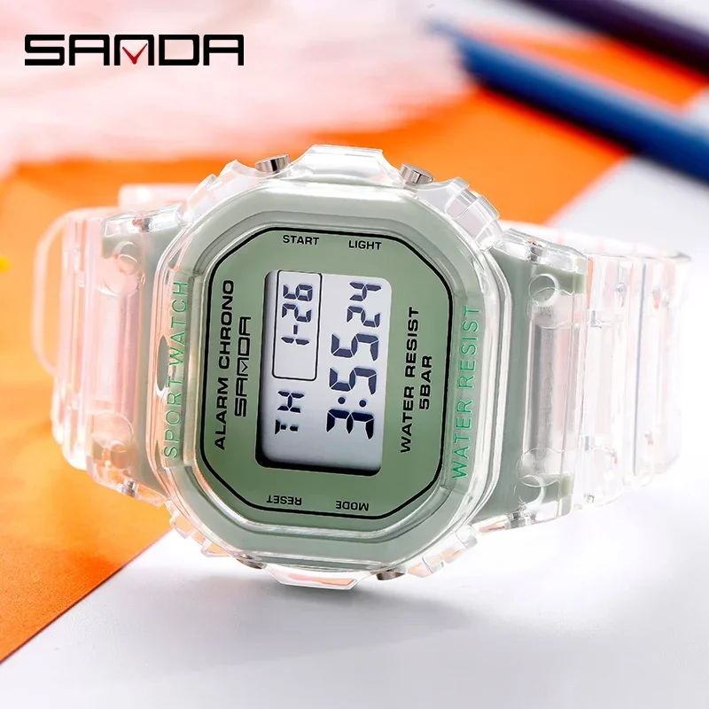 SANDA Mode Frauen Elektronische Uhr 50 M Wasserdicht Transparent Armband Leuchtende LED HD Digital Display Multifunktions Uhren 2009