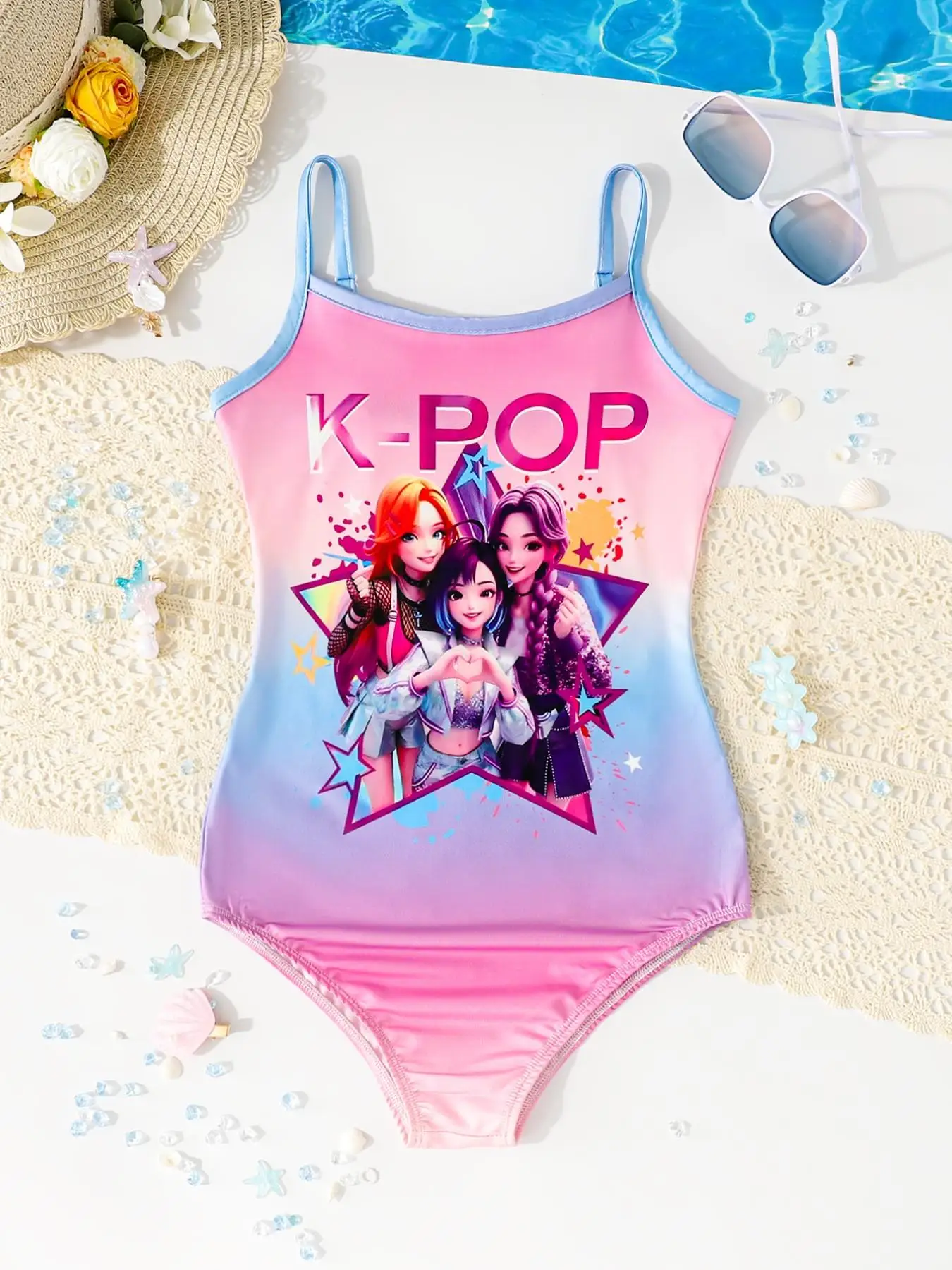 Sommer-Freizeitbadeanzug für Mädchen, Farbverlaufs-Badeanzug für Kinder, Candy Pink und Blau Farbblock-Badeanzug mit Cartoon-Print, geeignet für Mädchen ab 3 Jahren, Strand- und Poolkleidung – Detail 1