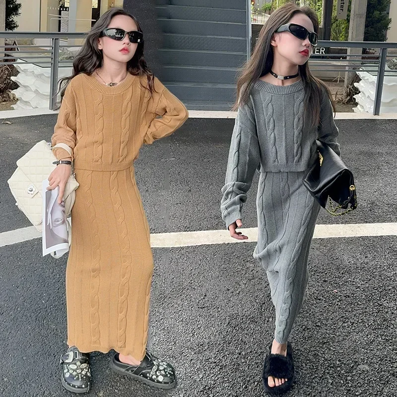 

Spring Autumn Casual Teenage Children Knitwear 2-Pieces Fashion Warm Kids Outfits 12 13 14 Years Girls Knit Sweater Clothes Set