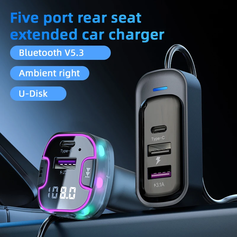 Car Hands-free Bluetooth 5.3 FM Transmitter Car Kit MP3 Modulator Player Handsfree Audio Receiver With 5 in 1 Fast Charge Cable