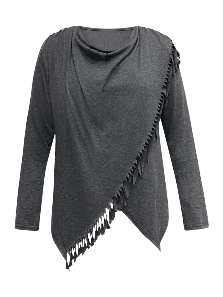 Plus Size Solid Tassel Top Casual Cowl Neck Long Sleeve Top Women\'s Plus Size Clothing