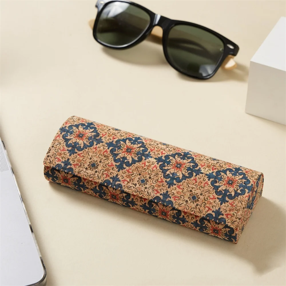 Caja de gafas Retro, estuche portátil de corcho para gafas, soporte para gafas con diseño de flores, estuche para gafas de sol de Pu impreso para viajes, hombres y mujeres