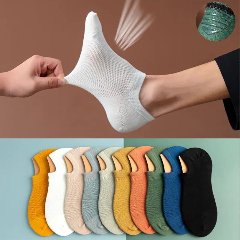 Men Summer Socks Cotton Non-Slip Mesh No Show Ankle Invisible Breathable Low Cut Silicone Thin Boat Sock Casual Comfortable