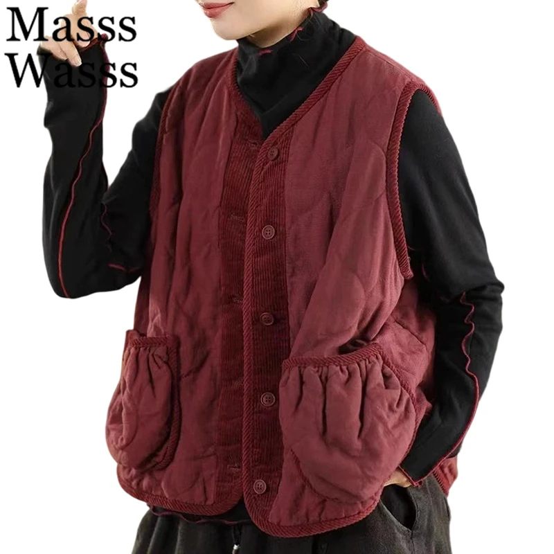 

Mass Wasss зимние модные парки без рукавов женские модные свободные теплые стеганые жилеты повседневные однотонные утепленные пальто классические жилеты