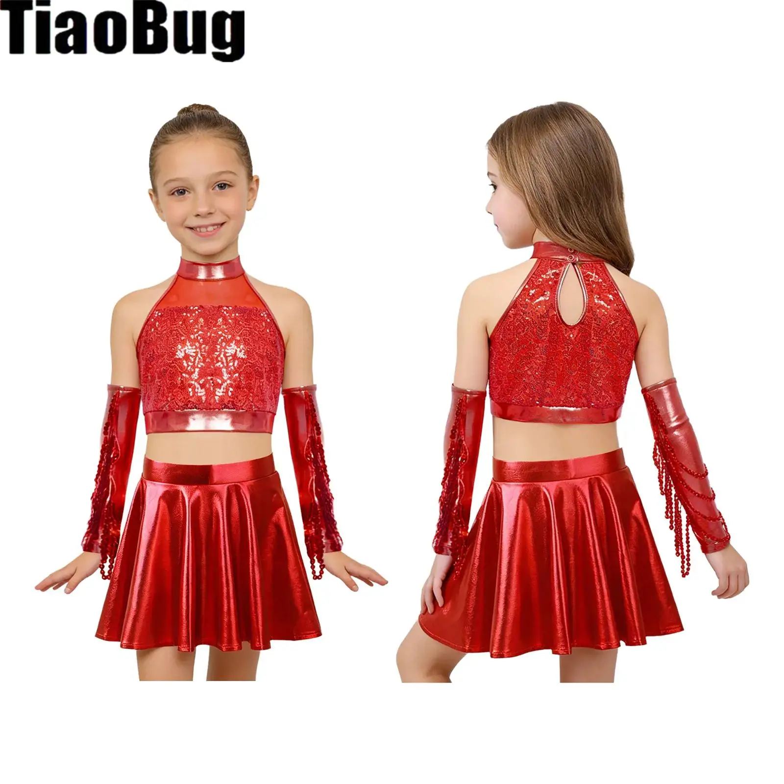 

Kids Girls Metallic Jazz Dance Outfit Sleeveless Sparkly Sequins Crop Top with Flared Skirt And Sequined Tassels Gloves