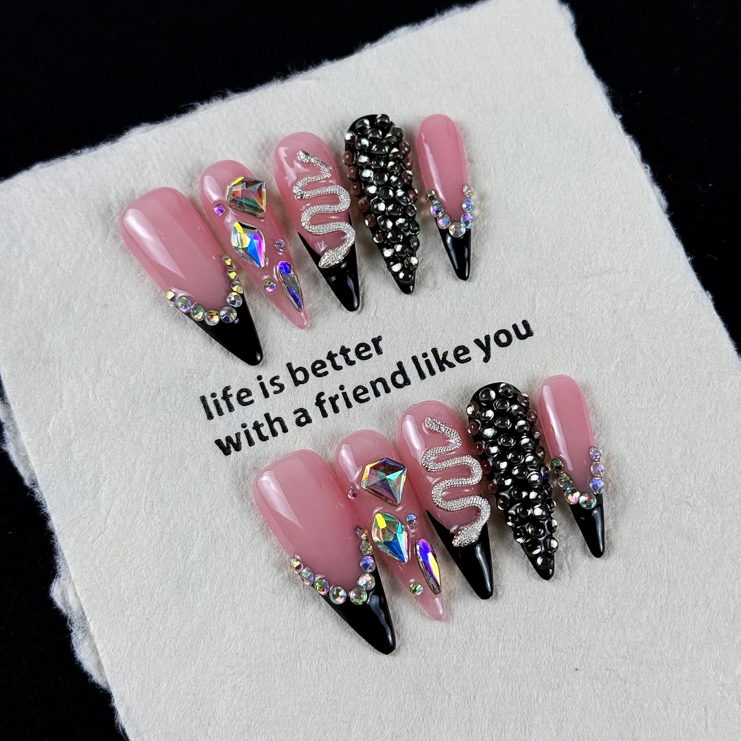 10pcs high-end Heavy industry design style, hand-painted three-dimensional square diamond, little snake, flashing full diamonds