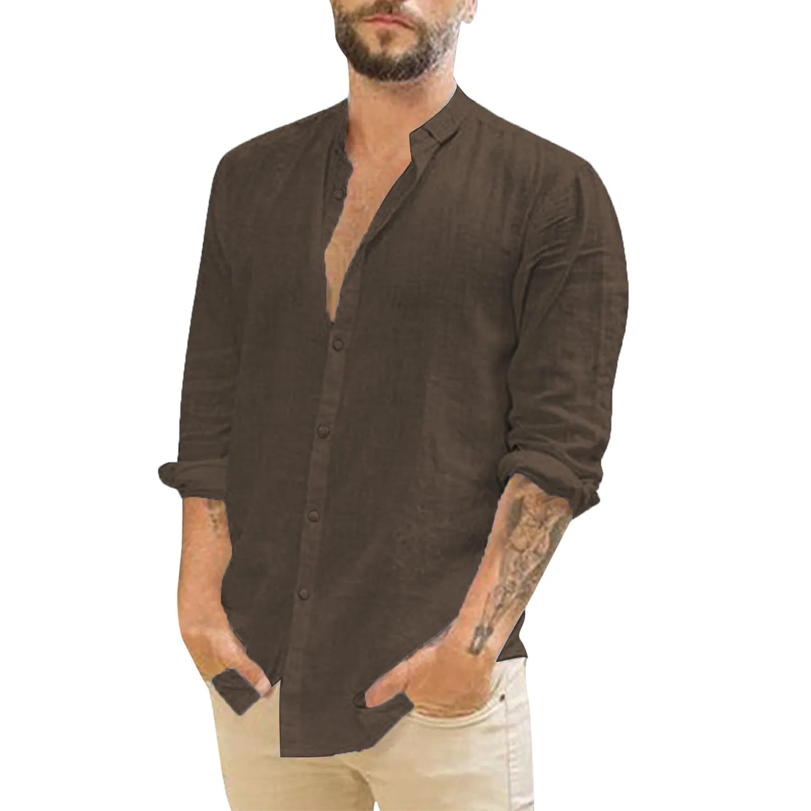 Cotton Linen Green Shirt Men\'S Long-Sleeve Shirts Summer Solid Color Stand-Up Collar Casual Beach Style Blouse Plus Size Chemise