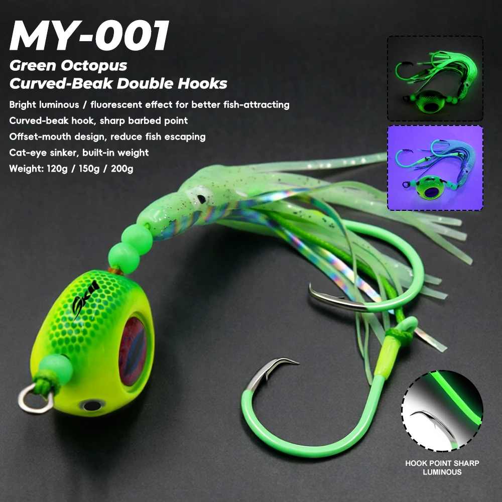 ZYZHE 1 Stück Meeresangel-Hybrid-JIG 120G 150G 200G mit leuchtendem Weichköder, Doppelringhaken, Bootsfischköder, Angelköder – Detail 1