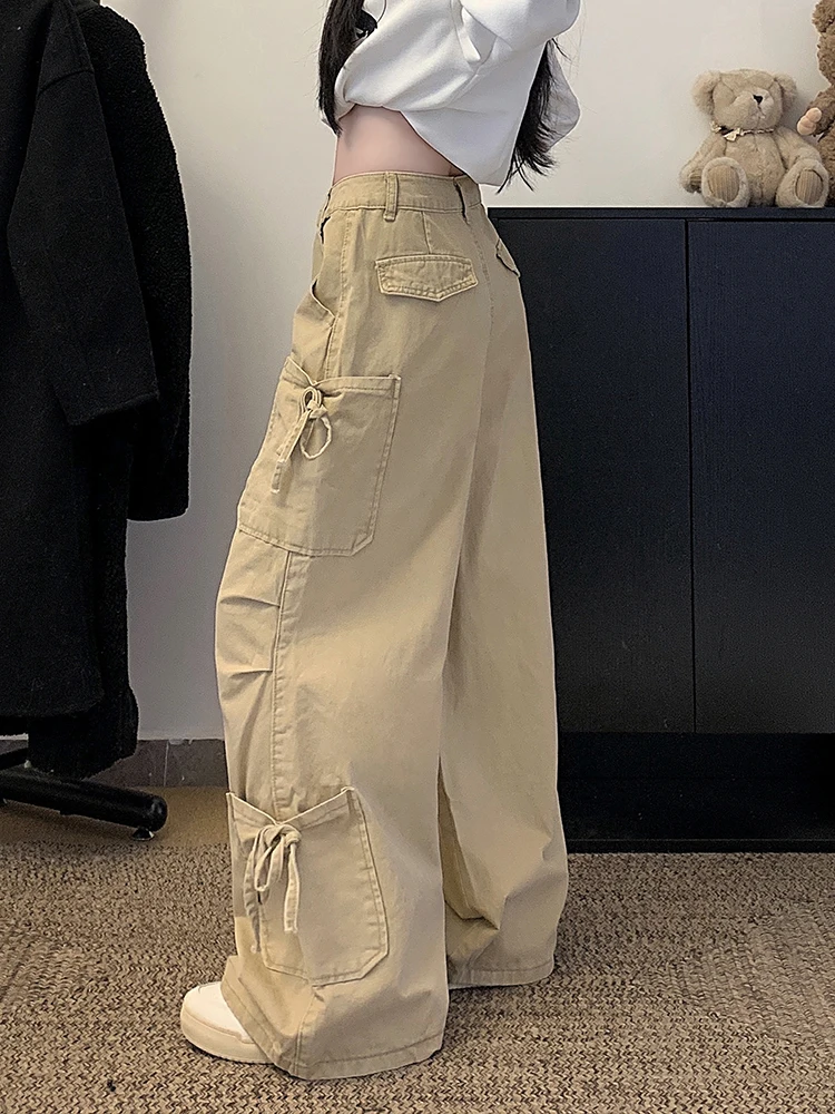 Vintage Casual Cargo Jeans Women Bandage Pockets Y2K Streetwear Denim Pants Loose Casual Harajuku Spring Pure Cotton Trouser New