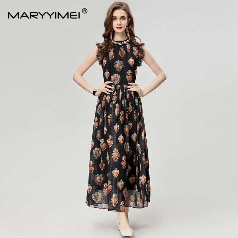 

MARYYIMEI Fashion Designer Summer Women's Sleeveless Crystal Diamond Print Dress Beach Black Dresses