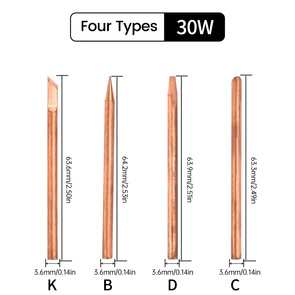 4 Stück Externe Heizlötspitzen B C D K aus reinem Kupfer, 30W 40W 60W Ersatzspitzen, Schweiß- und Reparaturwerkzeuge – Detail 5