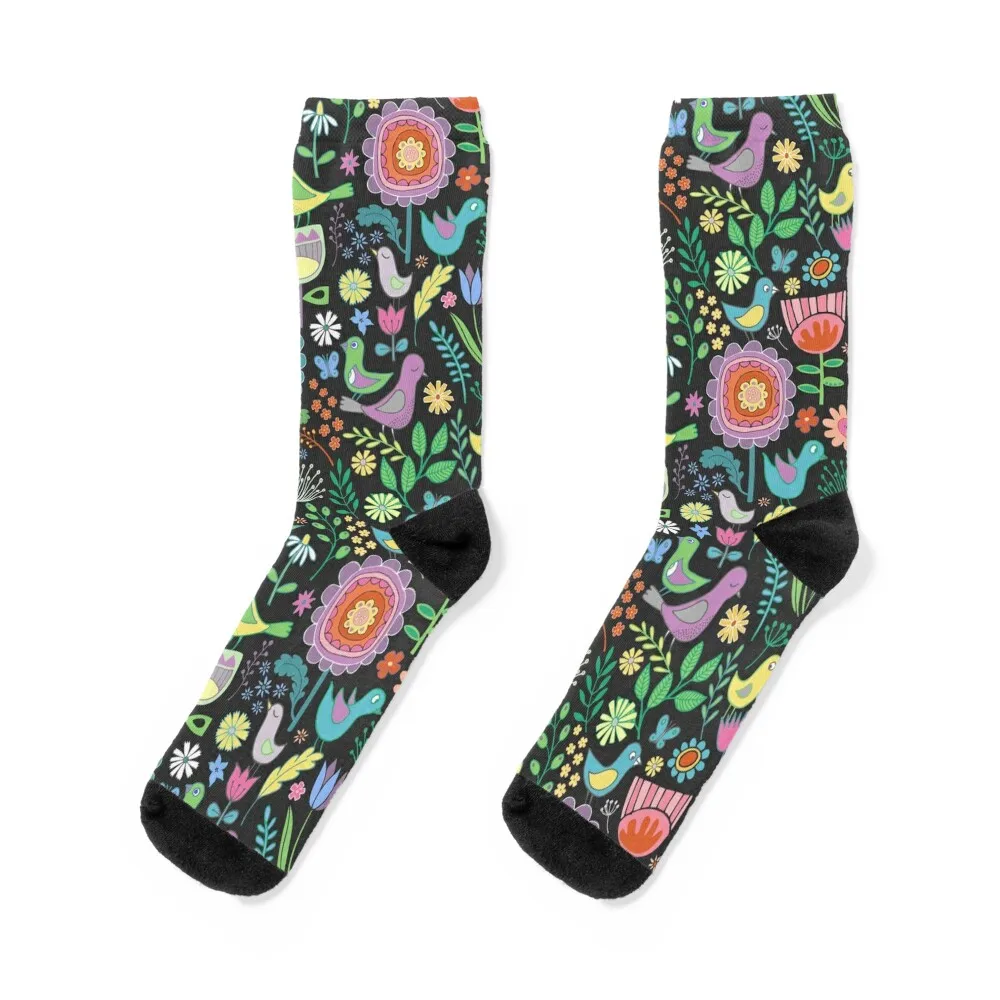 

Birds and blooms - pastels on black - pretty floral bird pattern by Cecca Designs Socks