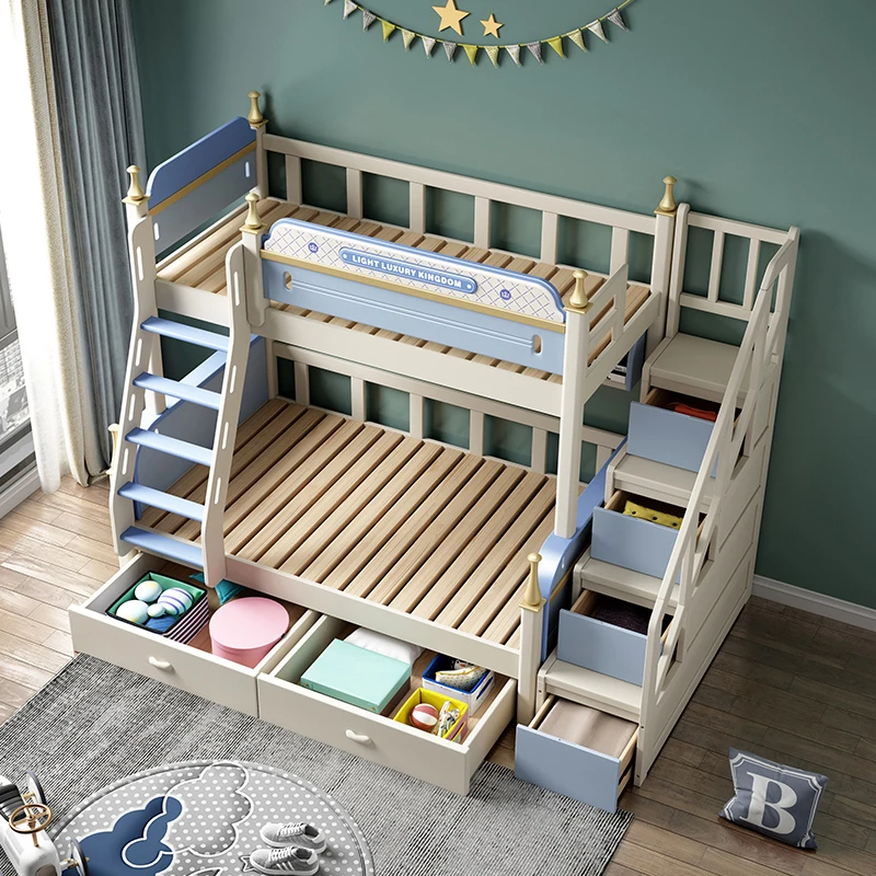 Tempat tidur kayu karet anak-anak, tempat tidur Modern tempat tidur ganda dengan selip untuk anak-anak