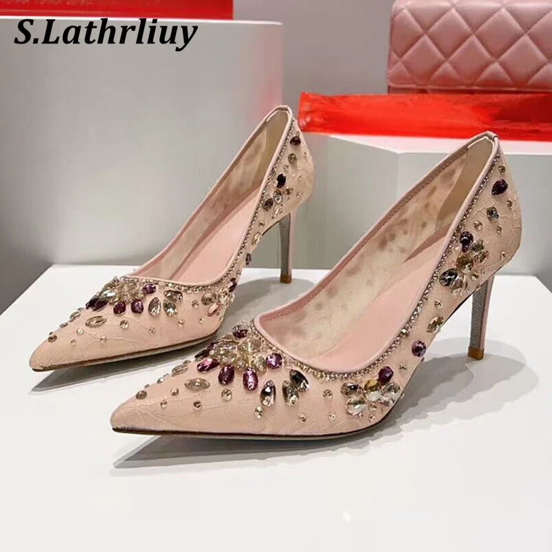 

Luxury Rhinestone High Heels Women's Pumps Spring Autum Pointed Toe Single Shoes Sexy Thin Heels Banquet Bridesmaids Shoes 2024