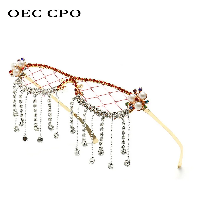 Fashion Tassel Diamonds Sunglasses Women Luxury Rhinestone Crystal Sun Glasses Female Steampunk Mesh Shades No Lens Eyewear