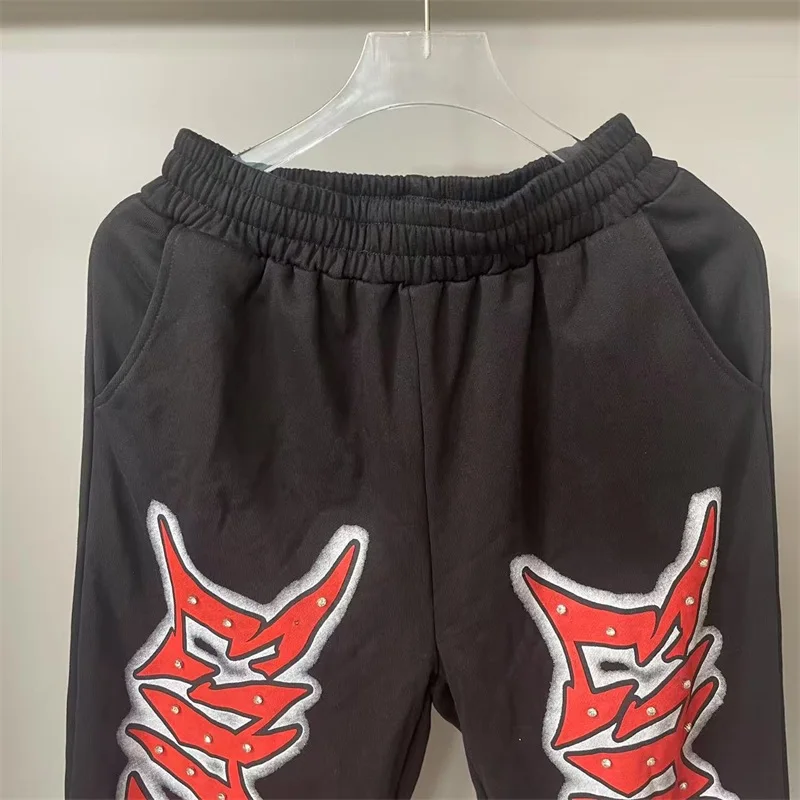 

MIXED EMOTION Black Pants Men Women Letter Pattern Print Hot Drill Oversized Pure Cotton Drawstring Sweatpants