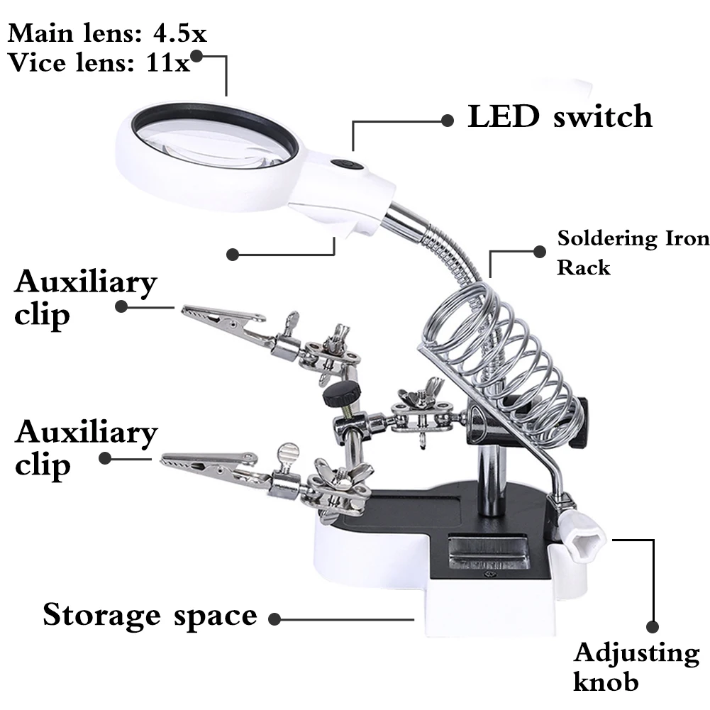 Lupa de soldadura TKDMR con luz LED, lente 3.5X-12X, lupa de Clip auxiliar, lupa de escritorio, reparación de soldadura de tercera mano