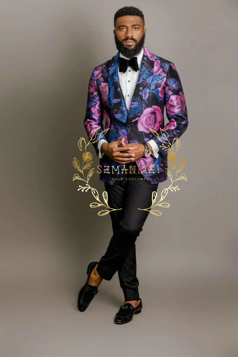 

Purple Jacquard Men Suits Slim Fit 2 Piece Jacket Pants Set Wedding Groom Tuxedos Formal Prom Party Male Blazer Costume Homme