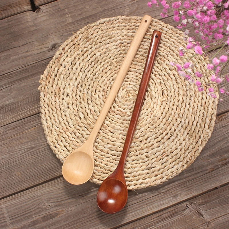 Long Spoons Wooden Natural Round Cooking Spoons for Soup Cooking Mixing Stirring Japanese Style Kitchen Utensil Tableware