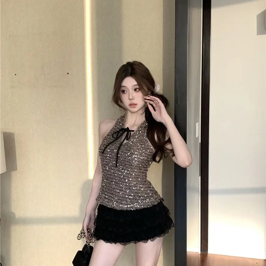 Spicy Girl Sleeveless Vest Sequin V-Neck Vest Cake Skirt Two-Piece Set Women Lace Up Sleeveless Splice Slim Summer Chic Suit