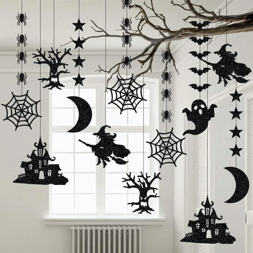 6 Stück Halloween-Hängebanner, Girlande, gruselige Spinne, Hexe, Geist, Fledermaus, Anhänger, Ornament, fröhliche Halloween-Party-Dekorationen für Zuhause – Detail 1