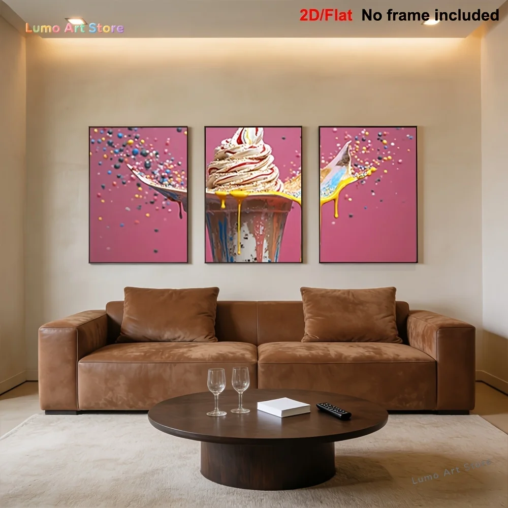 2D Flat, 3pcs Modern Bohemian Vertical Frameless Canvas Prints - Ice Cream Sandwich Suitable for for Home, Office, Decor, Sum