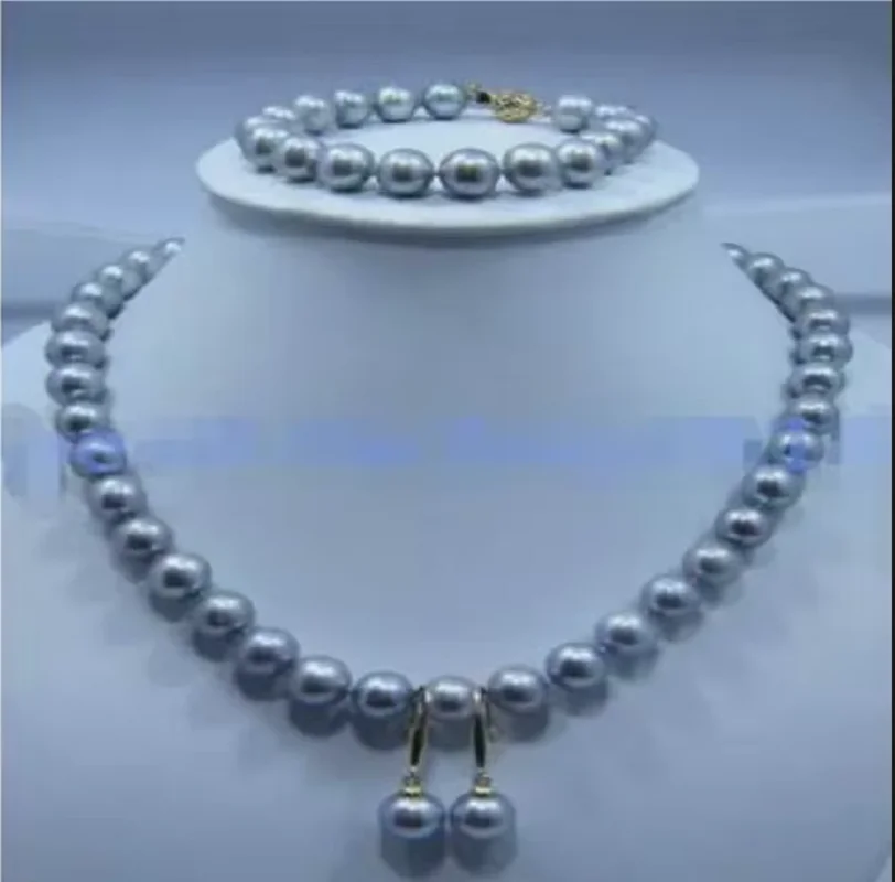 

Bestselling AAA 9-10mm South Sea Grey round Pearl Necklace 18inch+Bracelet 7.5-8inch+Earrings 925s