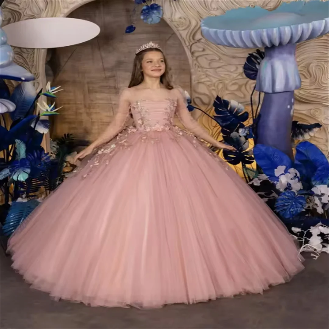Pink Sequined 3D Floral Princess Gown For Kids Birthday Party Puffy Tulle Luxurious Girls Dresses Performance