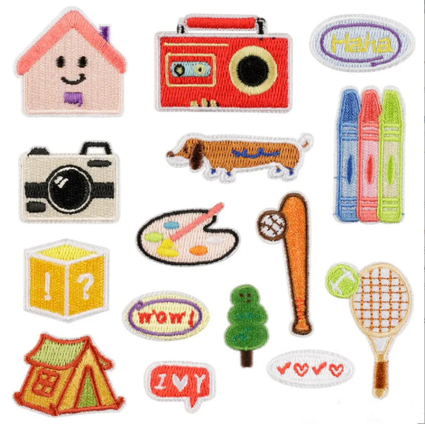 10 Pcs Crayon Camera Sports Embroidered Patches Iron On Clothing Hat Bag Shoe Repair Material Phone Gift Box Decor DIY Accessory