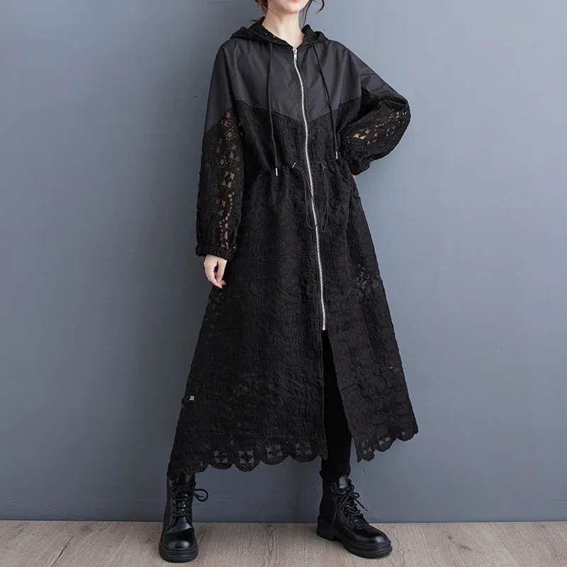 #6898 Black Hooded Trench Coat Women Zipper Loose Split Joint Hollow Out Long Coat Ladies Vintage Outerwear Windbreaker Female 