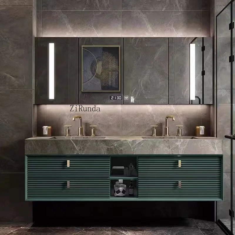 Современный легкий роскошный шкаф для ванной комнаты с двойной раковиной, встроенный шиферный умывальник, лакированная дверная панель