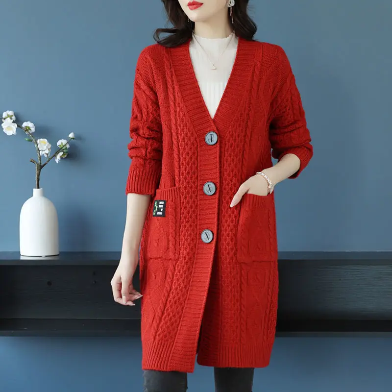 

Thicken Knit Loose Coat Women Full Sleeve Single Breasted Fashion Female Winter Warm Long Chic Lady Outerwear E1875