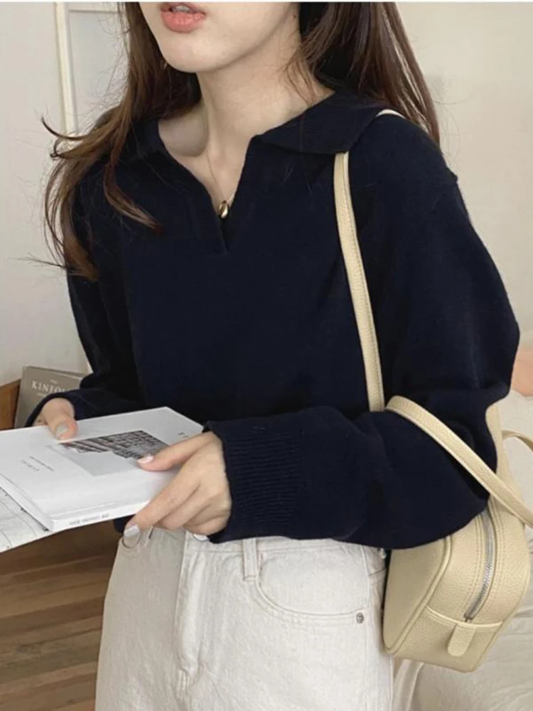 Winter New Women Long Sleeved Loose Polo Collar Knitted Sweater Korean Fashion Elegant Lady Solid Color Retro Pullover Sweater