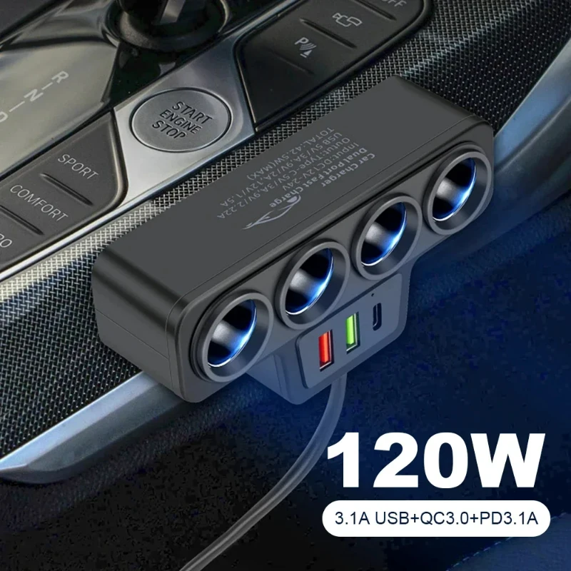 

120W Car Phone Lighter Adapter PD 3.1A QC3.0 Multi Ports Quick Charge USB Charging Socket Splitter Plug Wagon