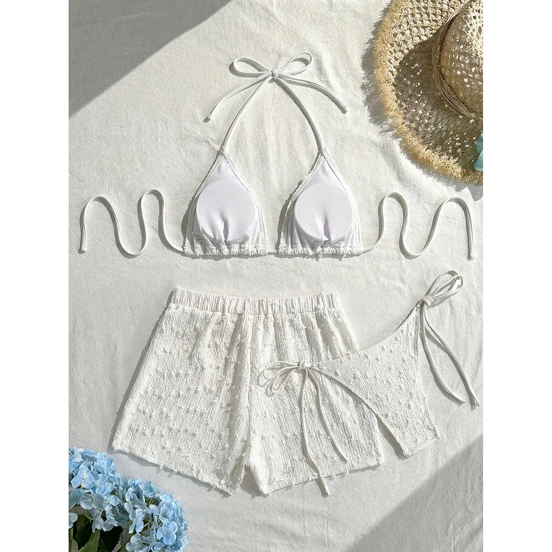 4 Farben, verführerischer Bikini mit Trägerdesign, Damen-Badeanzug, dreiteiliges Bikini-Set mit Shorts, Damen-Badebekleidung, Badeanzug, Schwimmbekleidung V7843W. – Detail 11