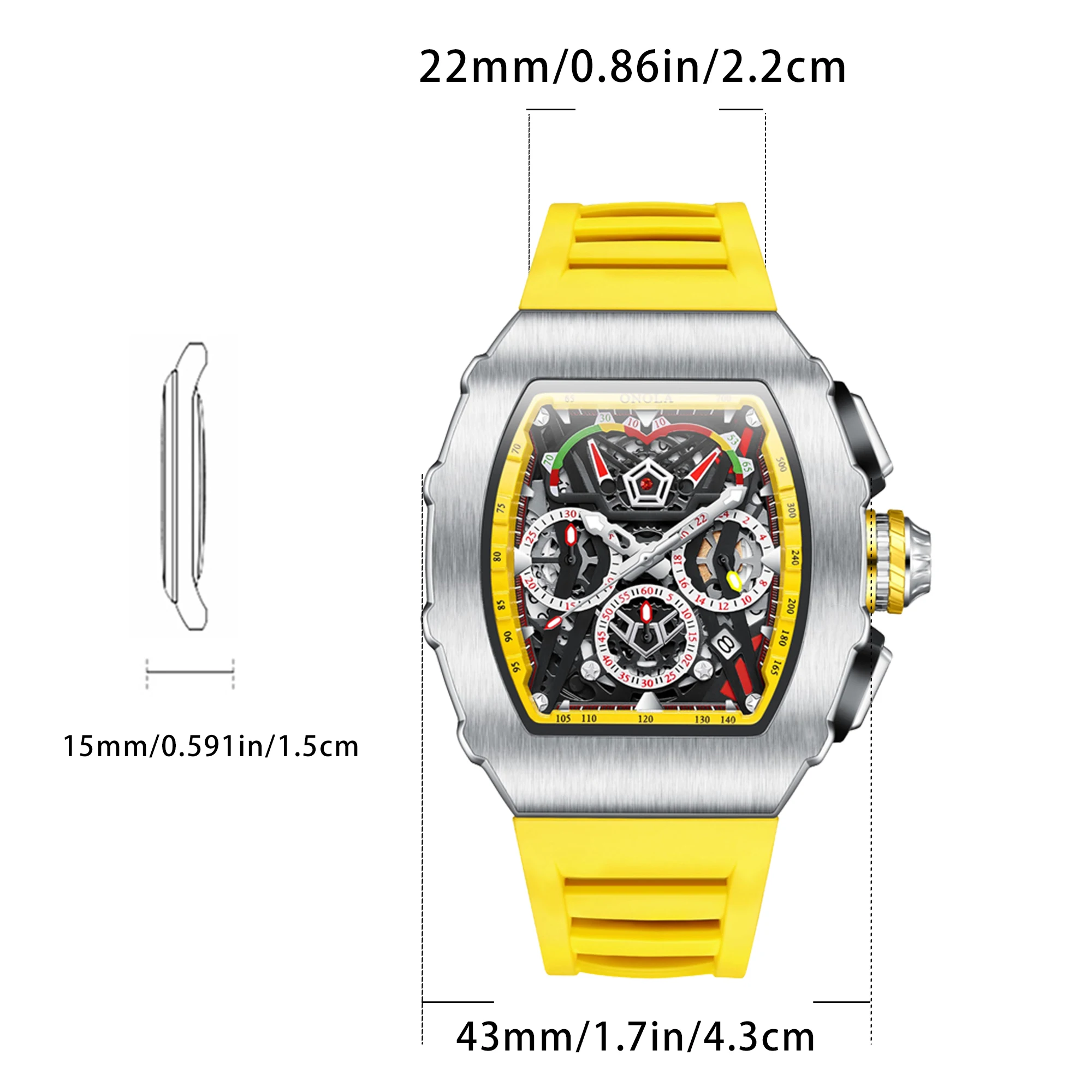 ONOLA bucket shaped dial men's sports quartz watch multifunctional dial calendar yellow rubber band waterproof fashion watch