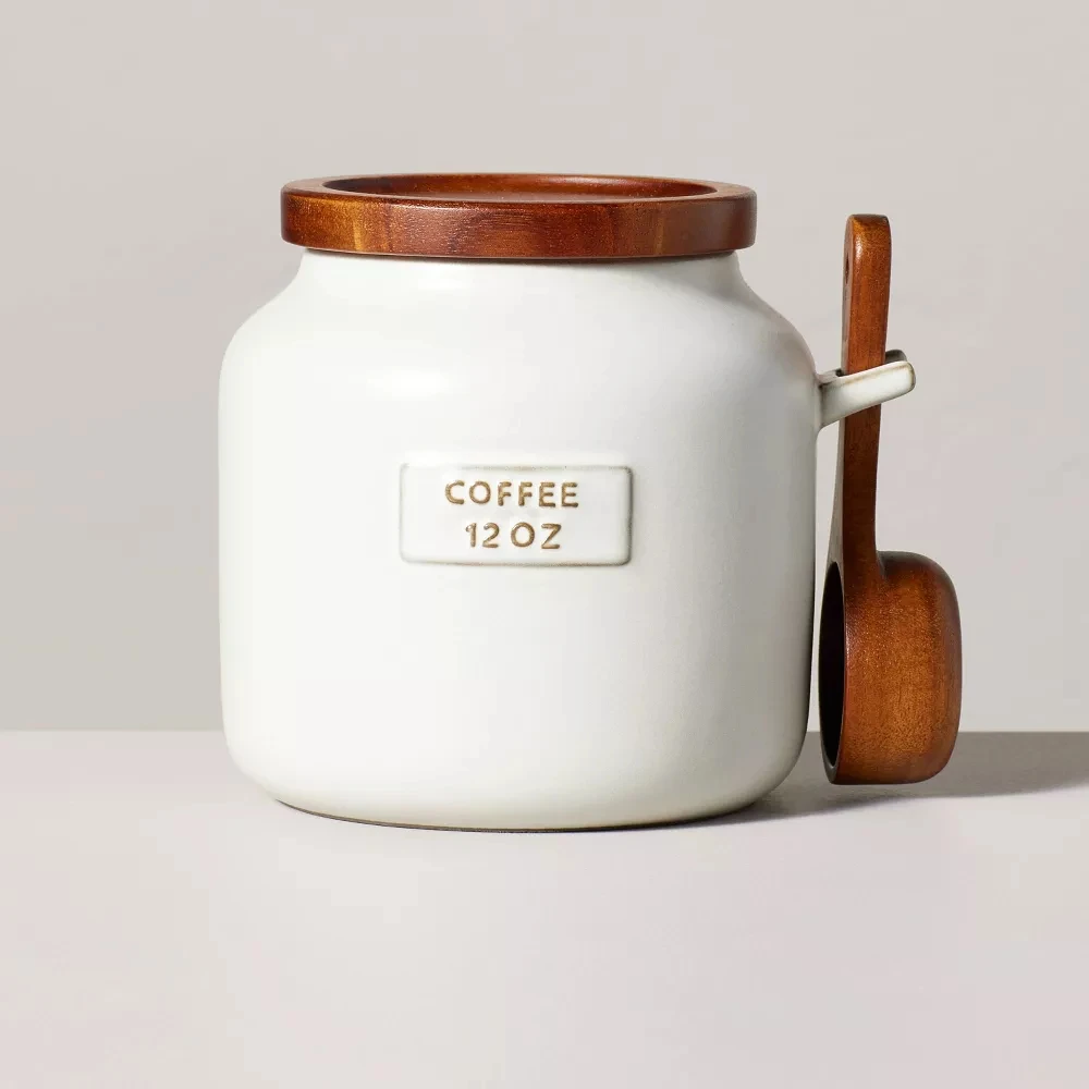 

12oz Ceramic Coffee Canister with Wood Lid and Scoop,Kitchen Countertop Stoneware jar for Tea,Coffee Bean & Ground,Spice,Sugar