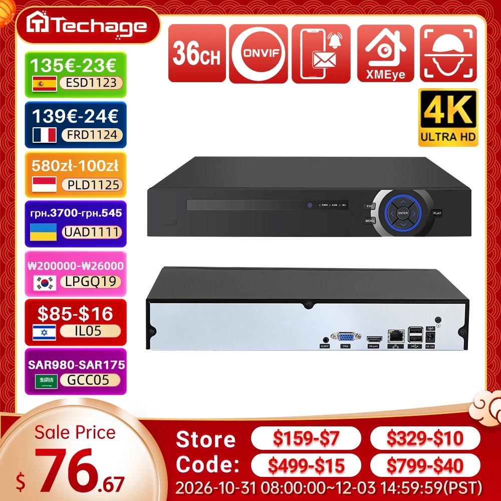 Techage H.265 Ultra HD 4K 8MP 36CH IP NVR Smart AI Support Face/Human/Motion Detection E-mail Alert Support Onvif Protocol P2P