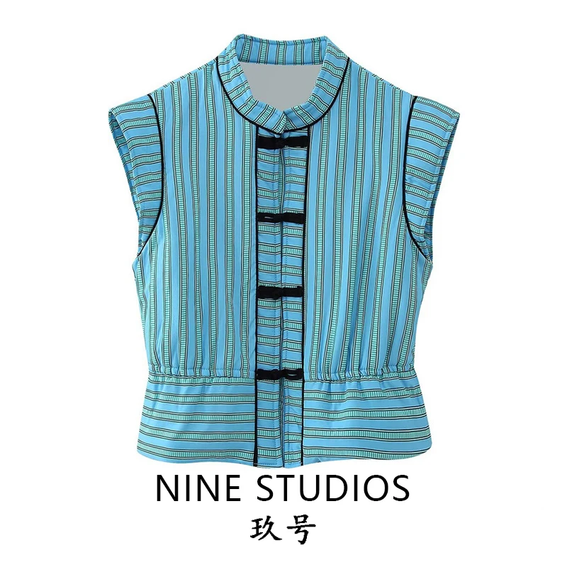 Nine Zar Women's Color Block Collarless Sleeveless Single Button Cotton Vest Top Stripe Pattern Fashionable Casual Wear