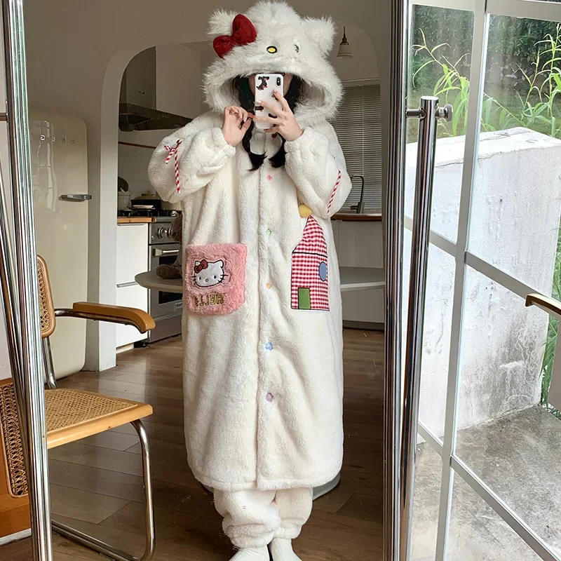 Cartoon Sanrio Hello Kitty nightgown hooded bathrobe pants two-piece set women\'s pajamas thermal loungewear pajamas women