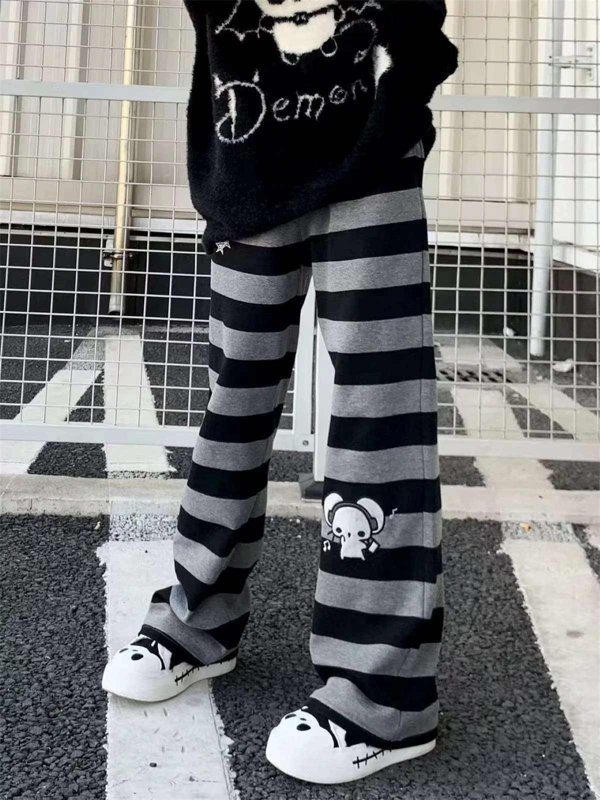 2026 Punk Anime Printed Striped Pants Women Kids Harajuku Y2k Straight Casual Long Trousers Autumn Vintage Gothic Streetwear