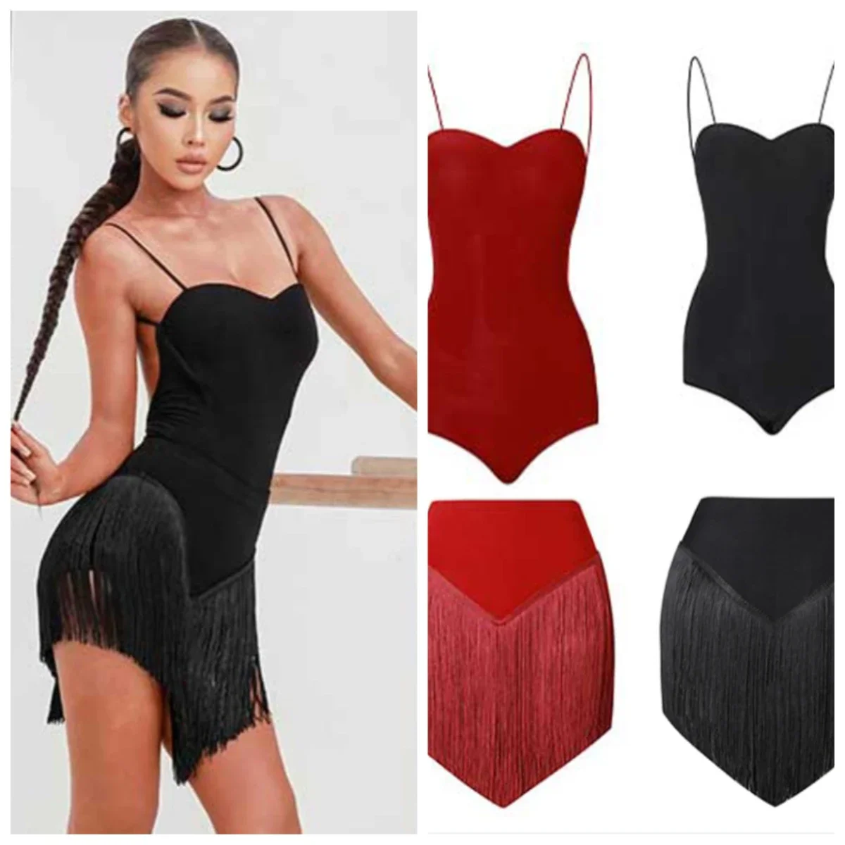 Sexy Latin Dance Costumes Tight Top Jumpsuit Tassel Skirt Practice  Cha Cha Rumba Ballroom Dancing Performance Clothes for Women