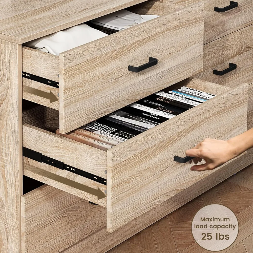 Tocador de madera para dormitorio, tocador doble de 6 cajones con asas de Metal, 15,8 "D x 47,2" W x 27,7 "H, roble claro