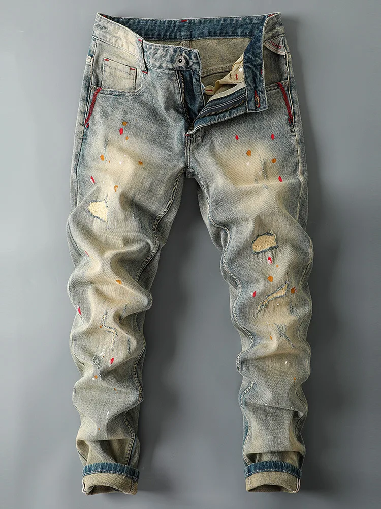 アメリカンレトロジーンズ メンズ 2025年新作 スモールフィット イエローマッド染め ダメージ加工 カジュアル ノスタルジック ロングパンツ