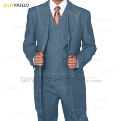 Classic Blue Long Denim Men Suit Set Evening Party Casual Costumes Formal Prom Fashion Blazer Vest Pants 3 Pieces Custom Outfits