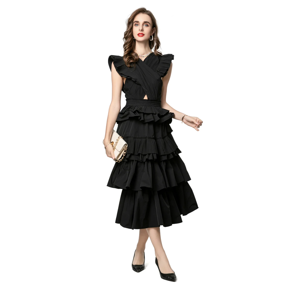 Vestidos femininos criss cross em camadas babados sexy fechadura elegante designer de moda festa vestido de baile